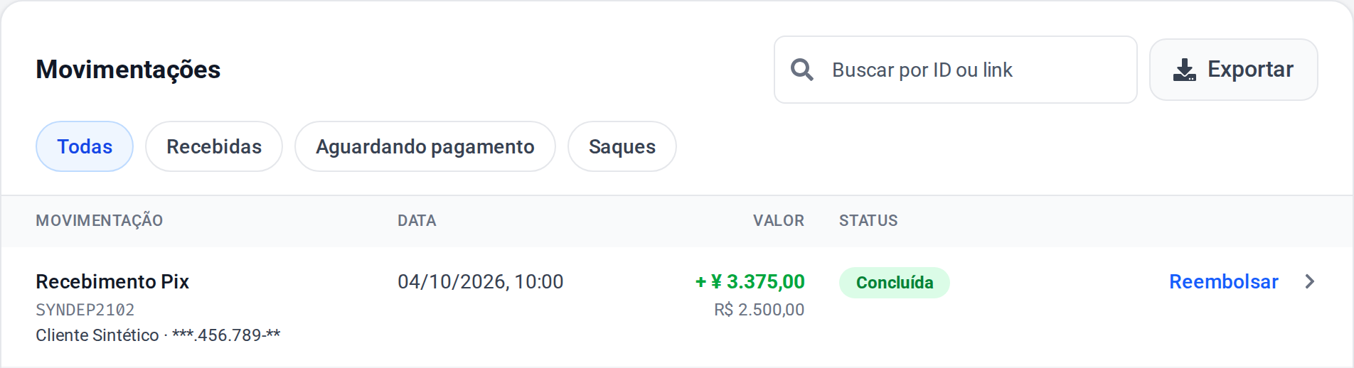 Exemplo de dados do pagador na Carteira: nome e CPF/CNPJ mascarado