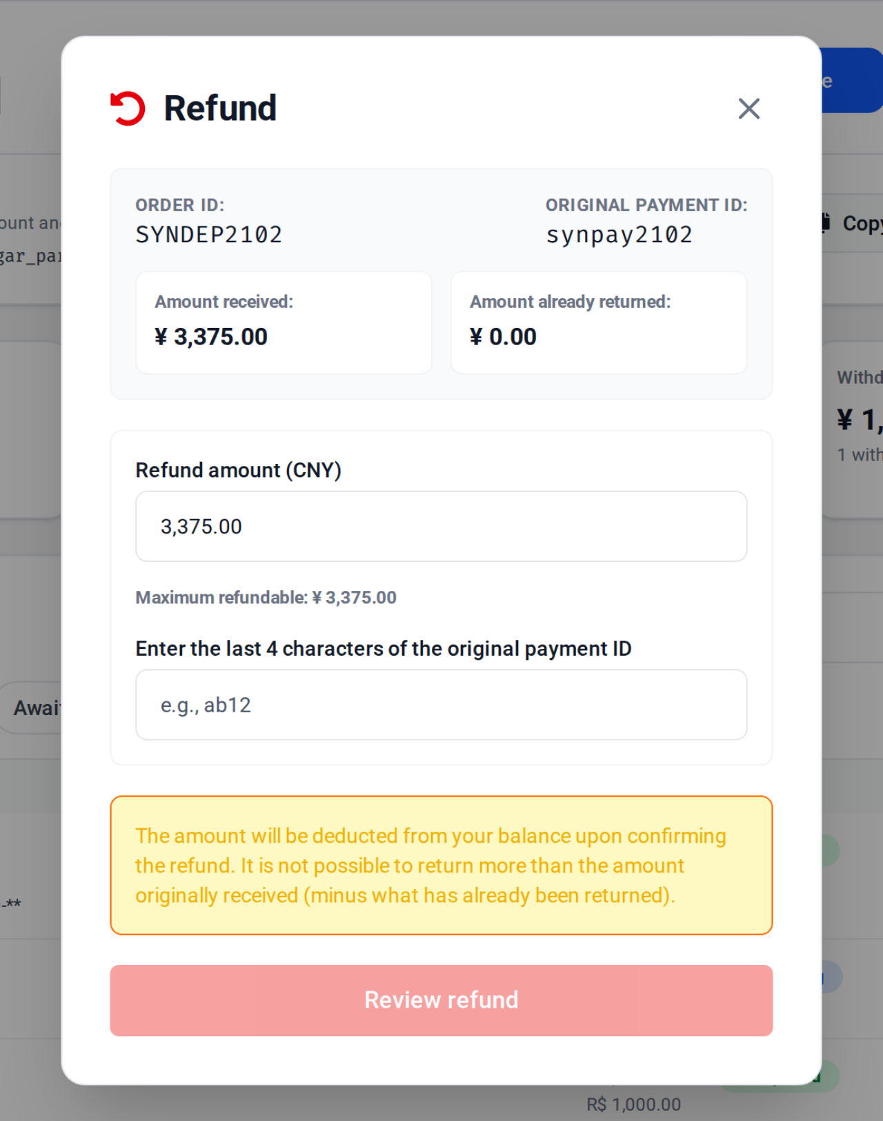 Example of the refund modal