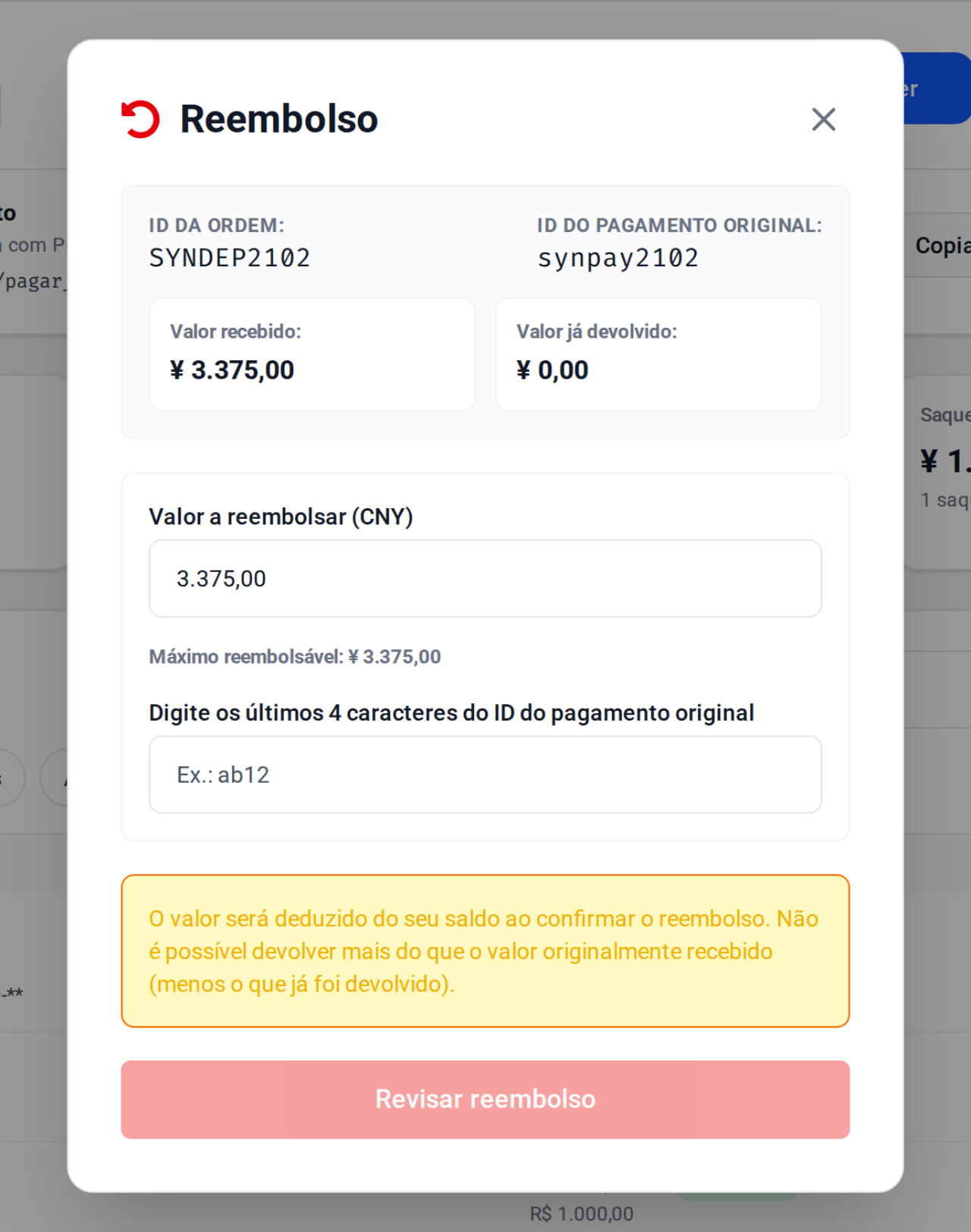 Exemplo do modal de reembolso