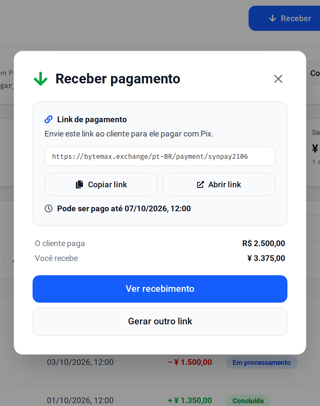 Janela Receber pagamento com o link gerado: quanto o cliente paga, quanto você recebe e o prazo para pagar