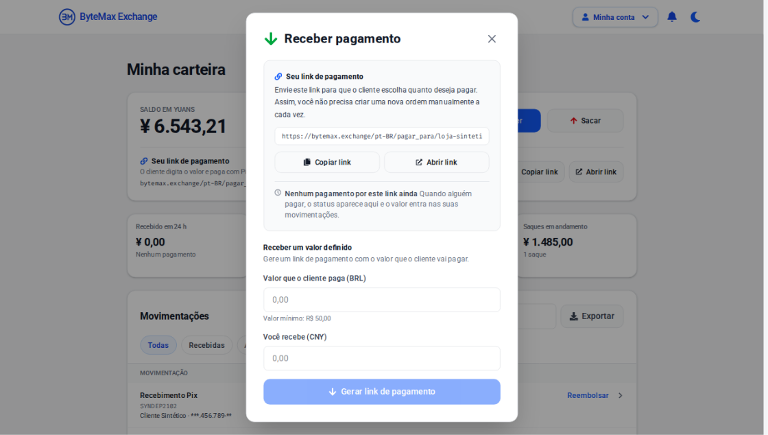 Exemplo da janela Receber pagamento da ByteMax