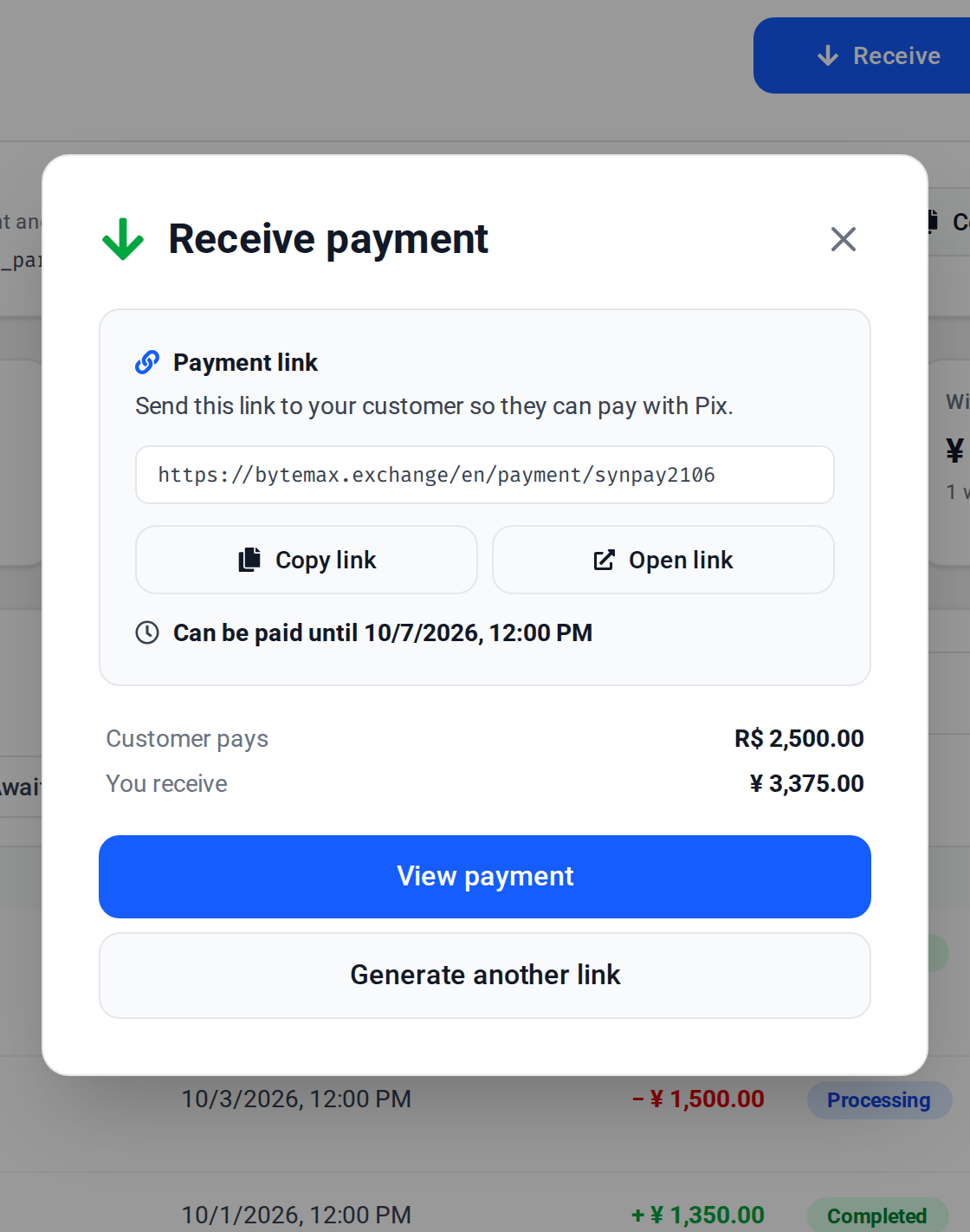 Receive payment window with the generated link: what the customer pays, what you receive and the payment deadline