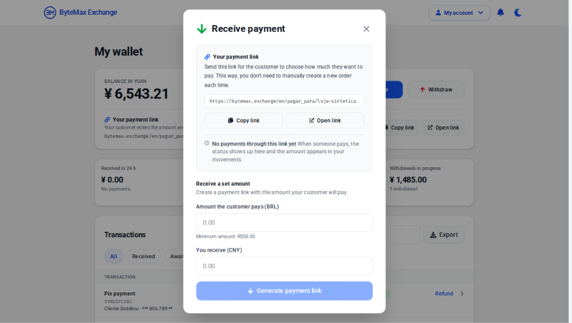 Example of the ByteMax Receive payment window
