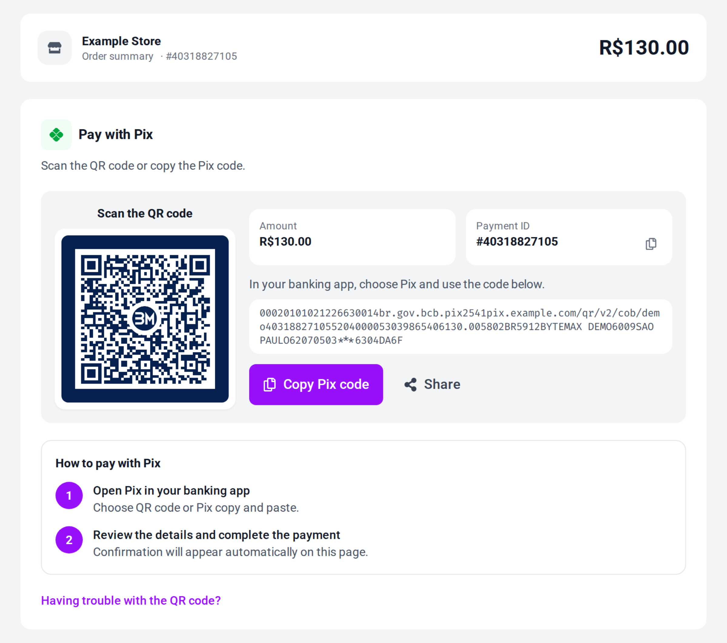 Example of ByteMax payment page with Pix QR code