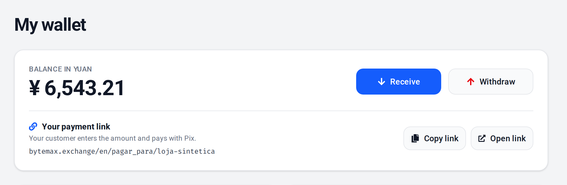 Example of the Wallet page: balance in yuan with the Receive and Withdraw buttons and your payment link