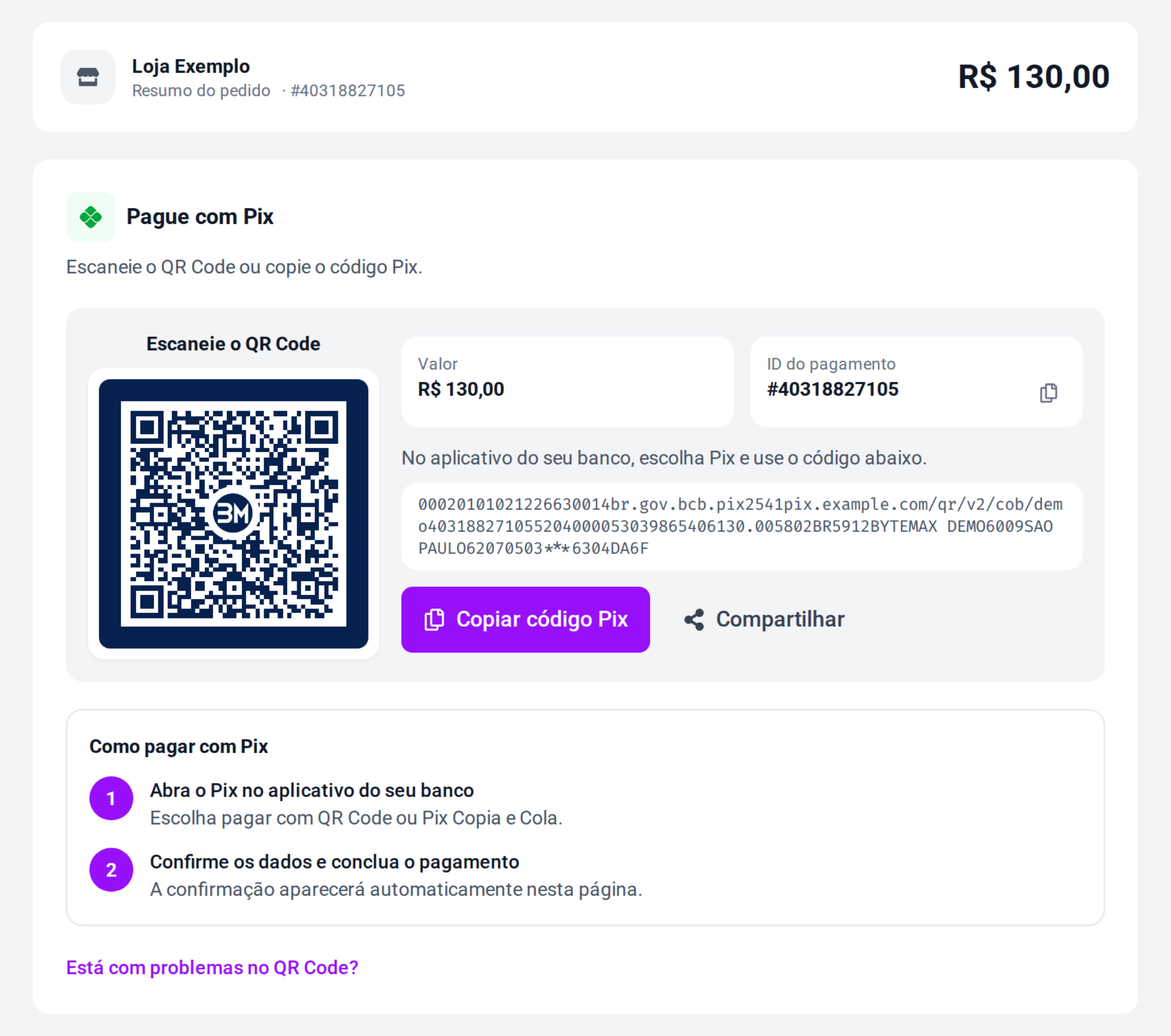 Exemplo de página de pagamento da ByteMax com QR Code Pix