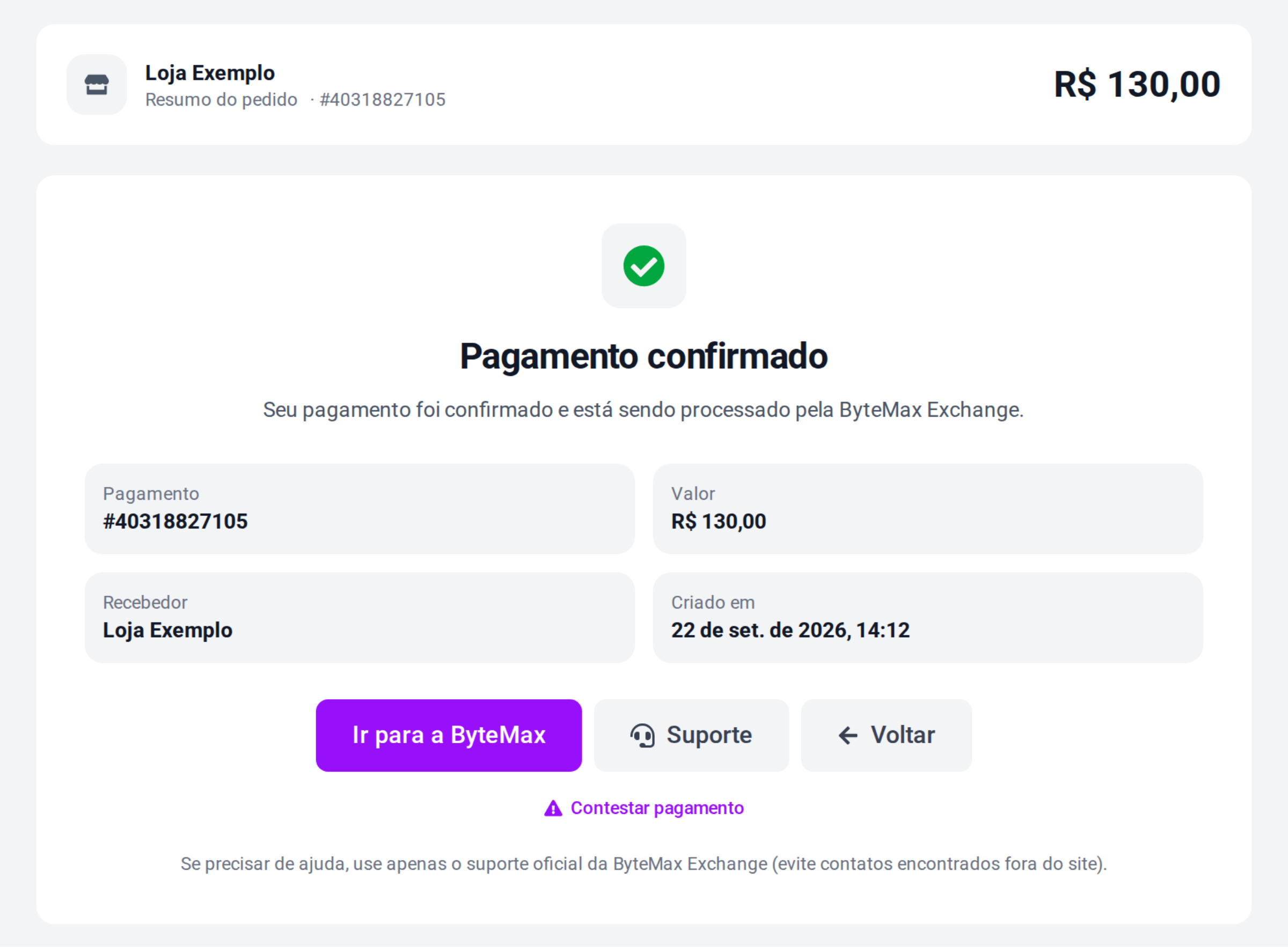 Exemplo de confirmação de pagamento concluído