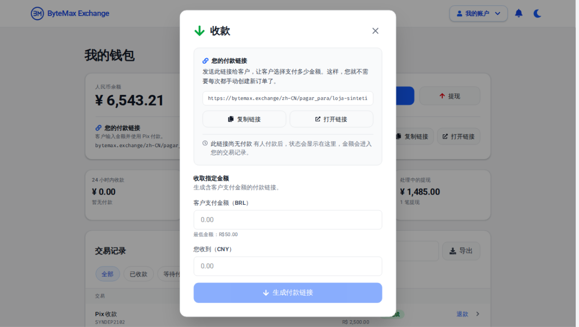 ByteMax “收款”窗口示例