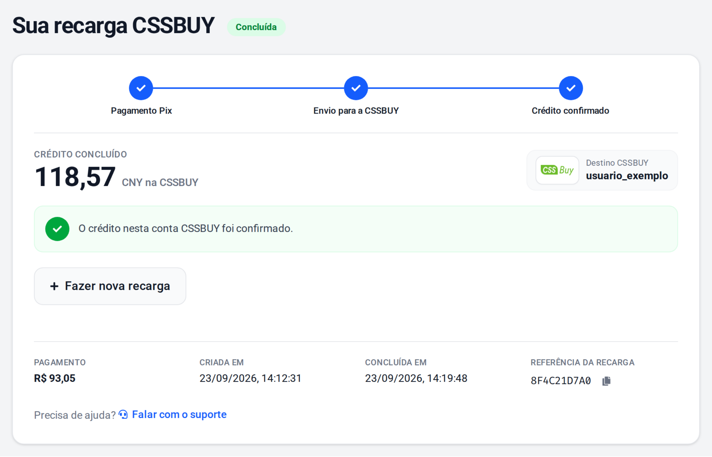 Completed CSSBUY top-up page, with the credit confirmed