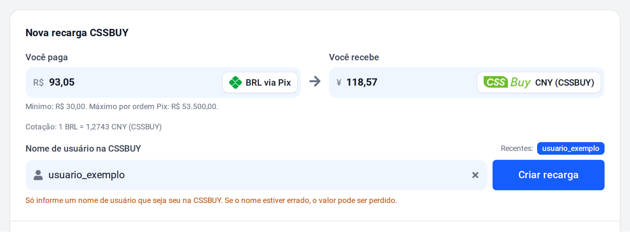 New CSSBUY top-up form on ByteMax, with the amount in reais, the amount in yuan and the username