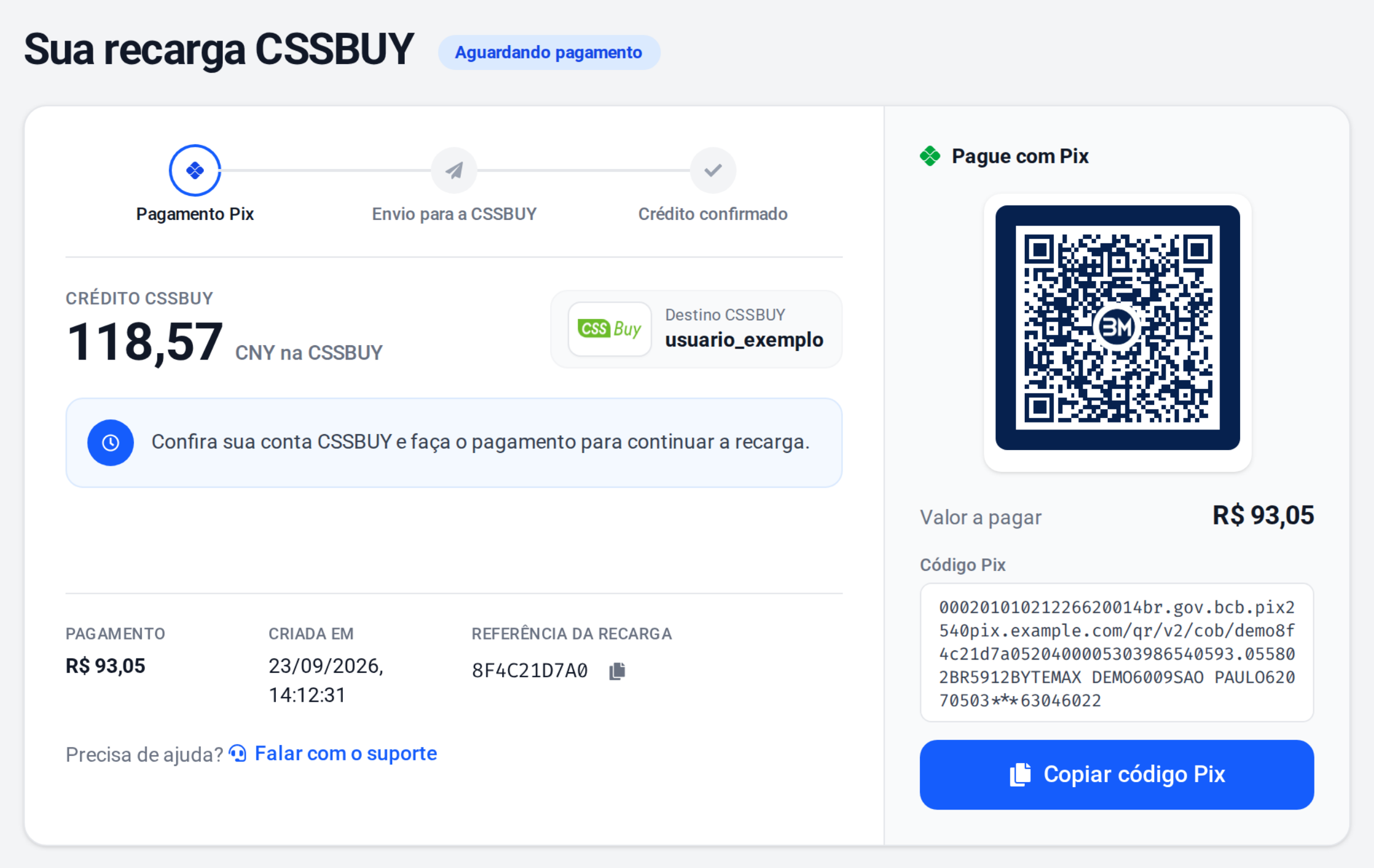 Your CSSBUY top-up page awaiting payment, with the Pix code