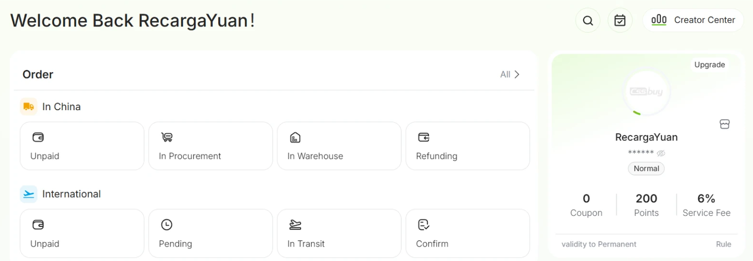 CSSBUY Personal Center with the username in the greeting and on the account card