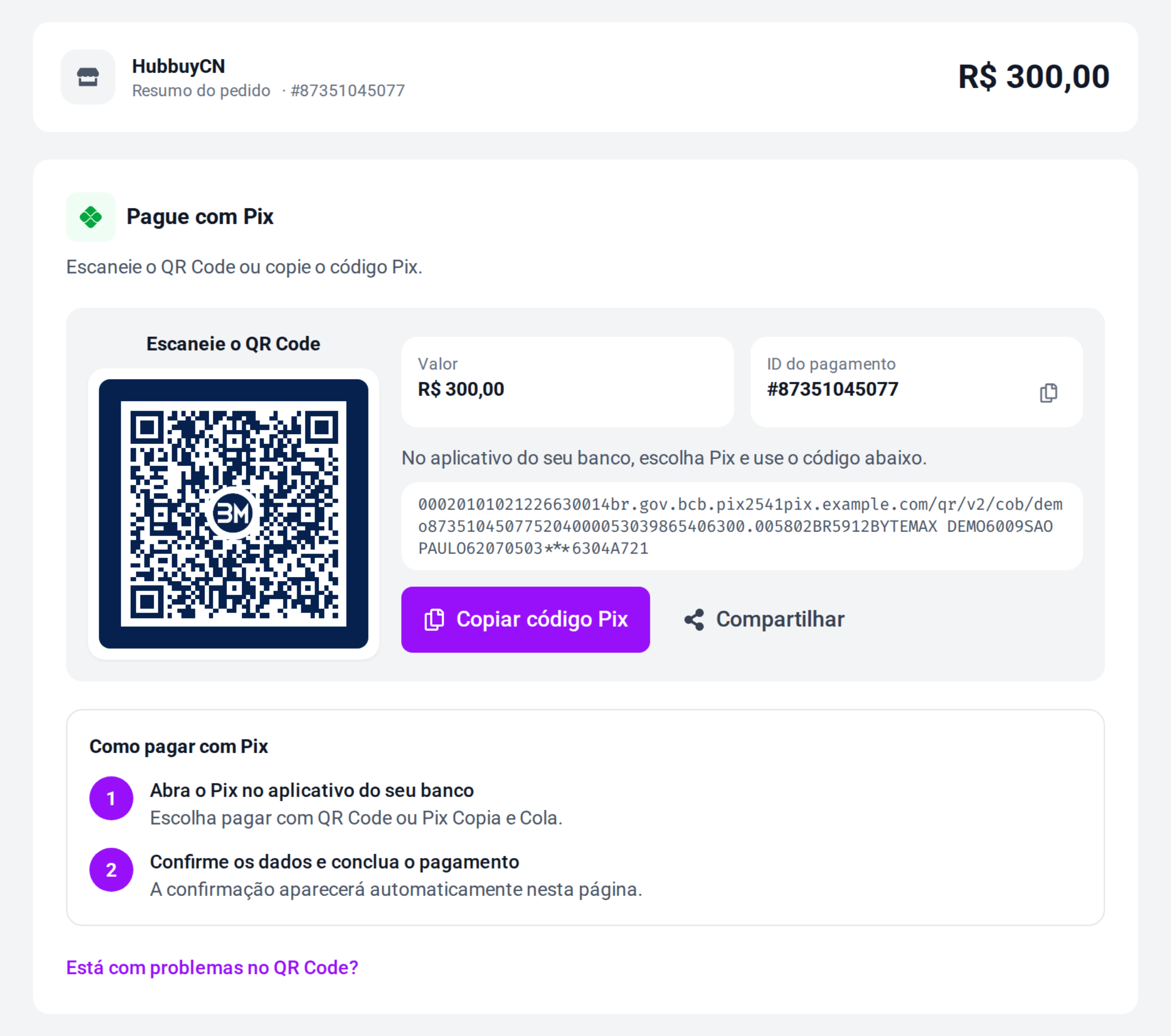 ByteMax payment page with the QR code and the Copy Pix code button