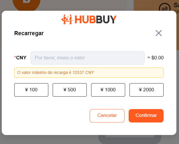 HubbuyCN top-up window with the CNY field and the preset values